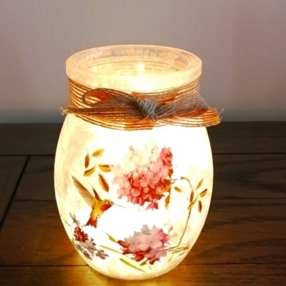 Glass light/lamp jars, hummingbird, butterflies & more, hand painted glass, 4"